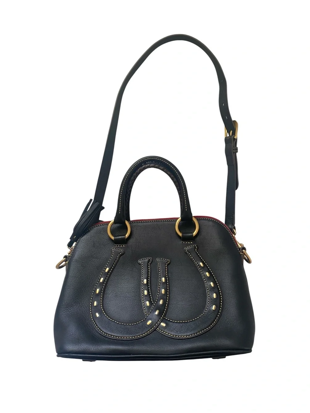 Dooney and Bourke Western Double Horseshoe Black Leather Domed Satchel